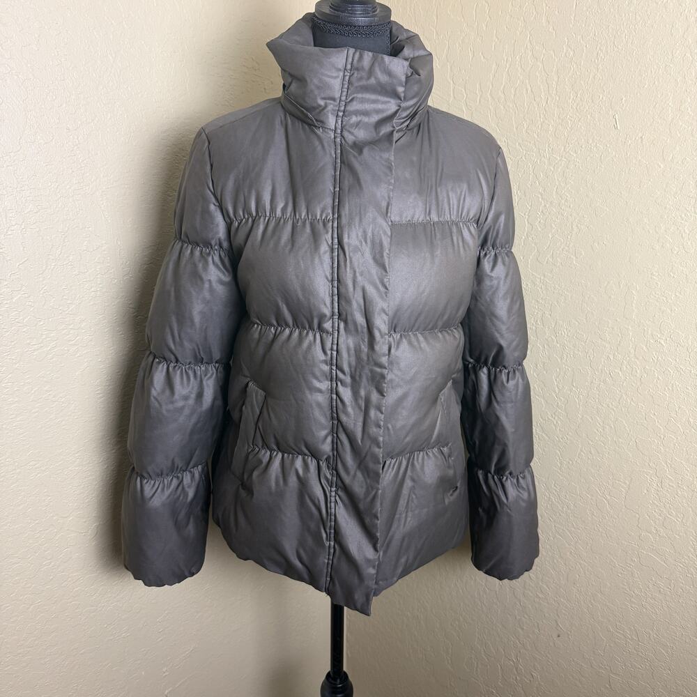 GAP Women’s M Gray Down Puffer Jacket High Neck Zip Snap Winter Coat
